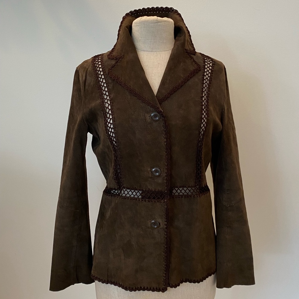 White Stag Womens Vintage Brown Suede Blazer w Macramé Trim Size 4/6 - Picture 1 of 11